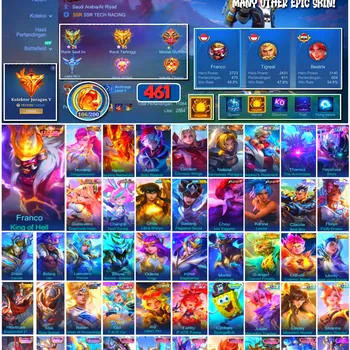 Mobile Legends: Bang Bang Accounts 🔥 #4188 🔥 💎 461 Skins 👑 Legend Franco King of Hell ⚔️ Mega Collector V ⭐ Collector