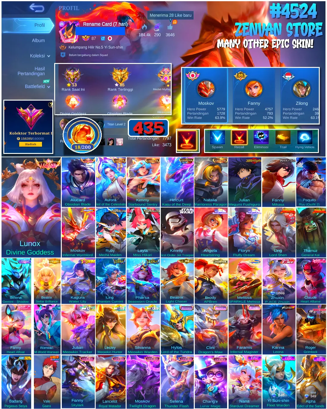 Mobile Legends: Bang Bang Accounts #4524 435 Skins | Lunox Divine Goddess (LEGEND) | Alucard Obsidian Blade (LEGEND 1