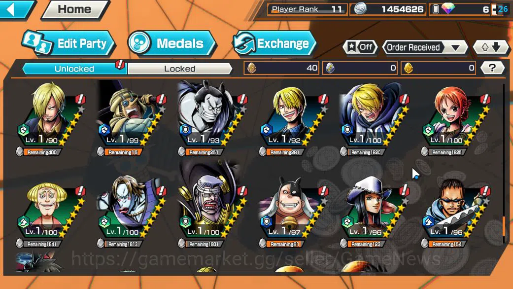 One Piece Bounty Rush Accounts Starter Global|5 EX|5Elders Saturn,KOP Roger,BP Kuzan,[Borsalino],4Emperor Teach|Rank 11
