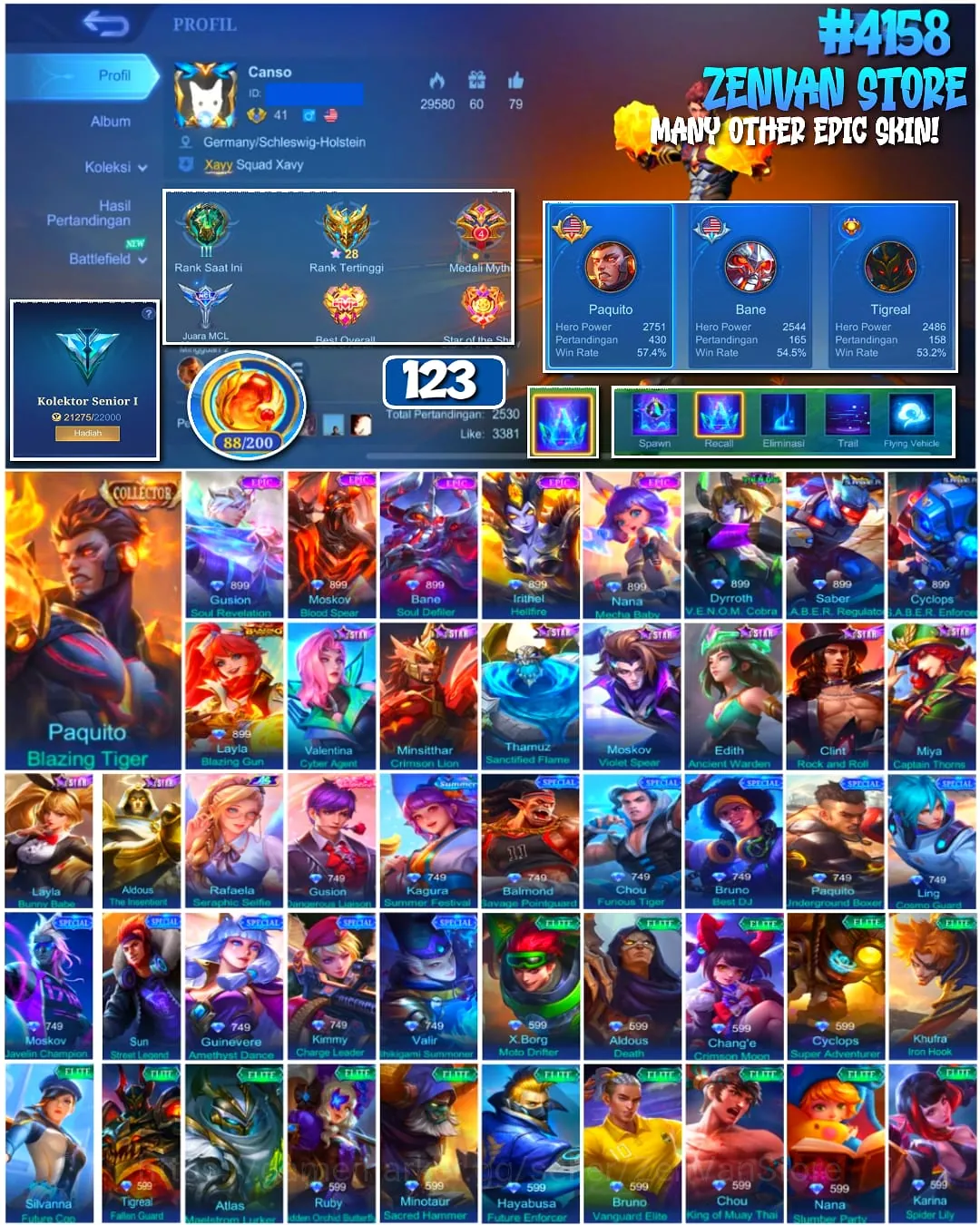 Mobile Legends: Bang Bang Accounts π₯ #4158 π₯ π 123 Skins π Collector Paquito Blazing Tiger βοΈ Seasoned Collector I 1