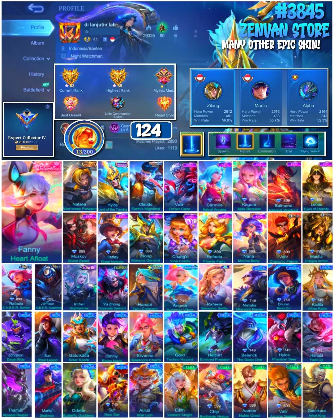 Mobile Legends: Bang Bang Accounts Collector #3845 124 Skins | Collector Natalia | Valentine Fanny | Many Epic | Safe Account 1
