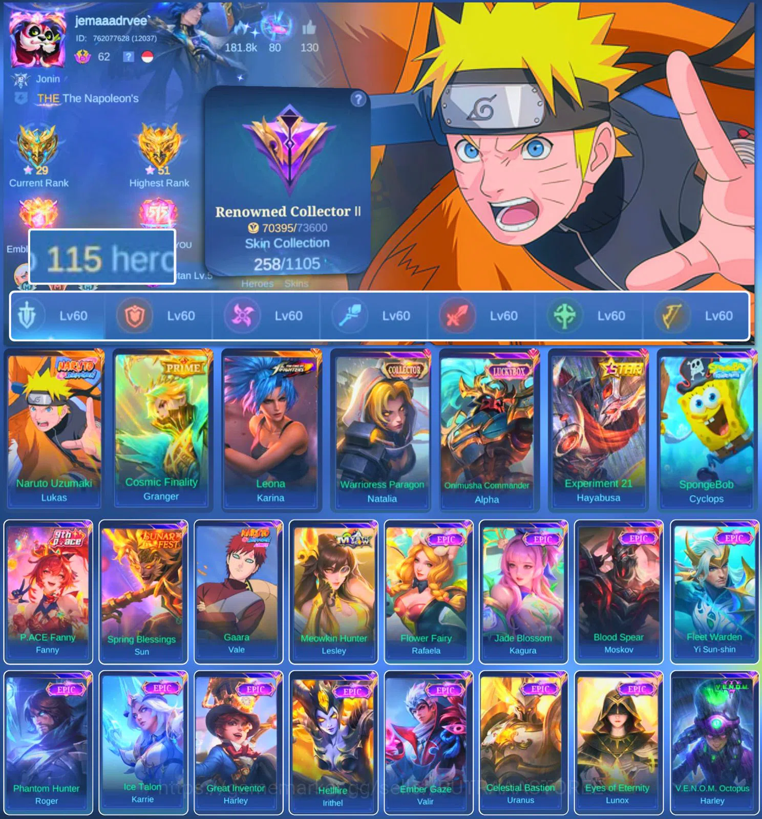 Mobile Legends: Bang Bang Accounts HERO 115 SKIN 258 | EMBLEM ALL MAX| LUKAS NARUTO| image 1