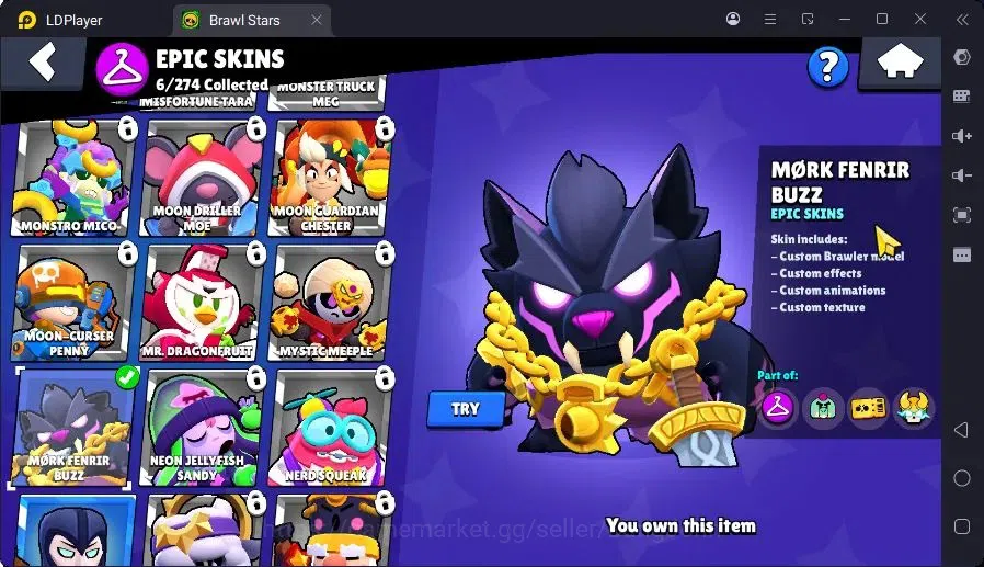 Brawl Stars Accounts Trophy 1776|1 Max Hc(Fang)|1 Hc(Piper),1 Mythic(Otis),6 Epic(Buzz,Fang,Colt,Poco,Mike) skin|560 13