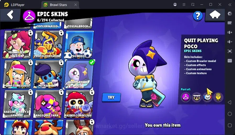 Brawl Stars Accounts Trophy 1776|1 Max Hc(Fang)|1 Hc(Piper),1 Mythic(Otis),6 Epic(Buzz,Fang,Colt,Poco,Mike) skin|560 14