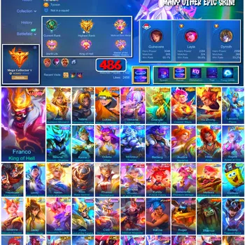 Mobile Legends: Bang Bang Accounts Collector #3896 | 486 Skins | Legend Franco | Collector Xavier & Natalia | Naruto