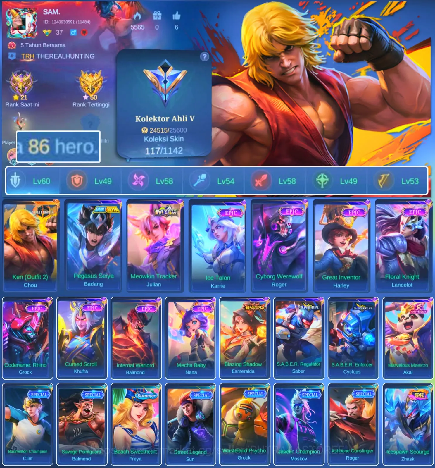 Mobile Legends: Bang Bang Accounts Rare Skin HERO 86 SKIN 117 | EMBLEM GOOD| KEN CHOU | EPIC ROGER| EPIC HERLEY| HERO 1