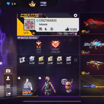 Free Fire Accounts SEASON 1 EVOGUN 5 MAX 3 SG OPM, LUMUT, VAULT 730++ EMOTE 95 ANIMASI 6 KATANA LOBY 4 FIST 1 TAS 165