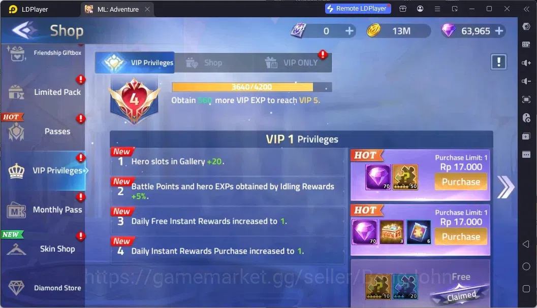 Mobile Legends: Adventure Accounts Global |LV 40|464K Power|VIP 4|Camp 24-22|Hero 57|63,965 Diamond|23 15