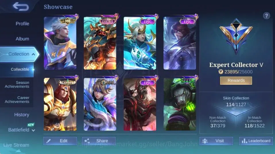 Mobile Legends: Bang Bang Accounts Collector Global|Skin 114|Expert|LBox Alpha,Lightborn Tigreal,VENOM Grock+Hanabi,SABER 2