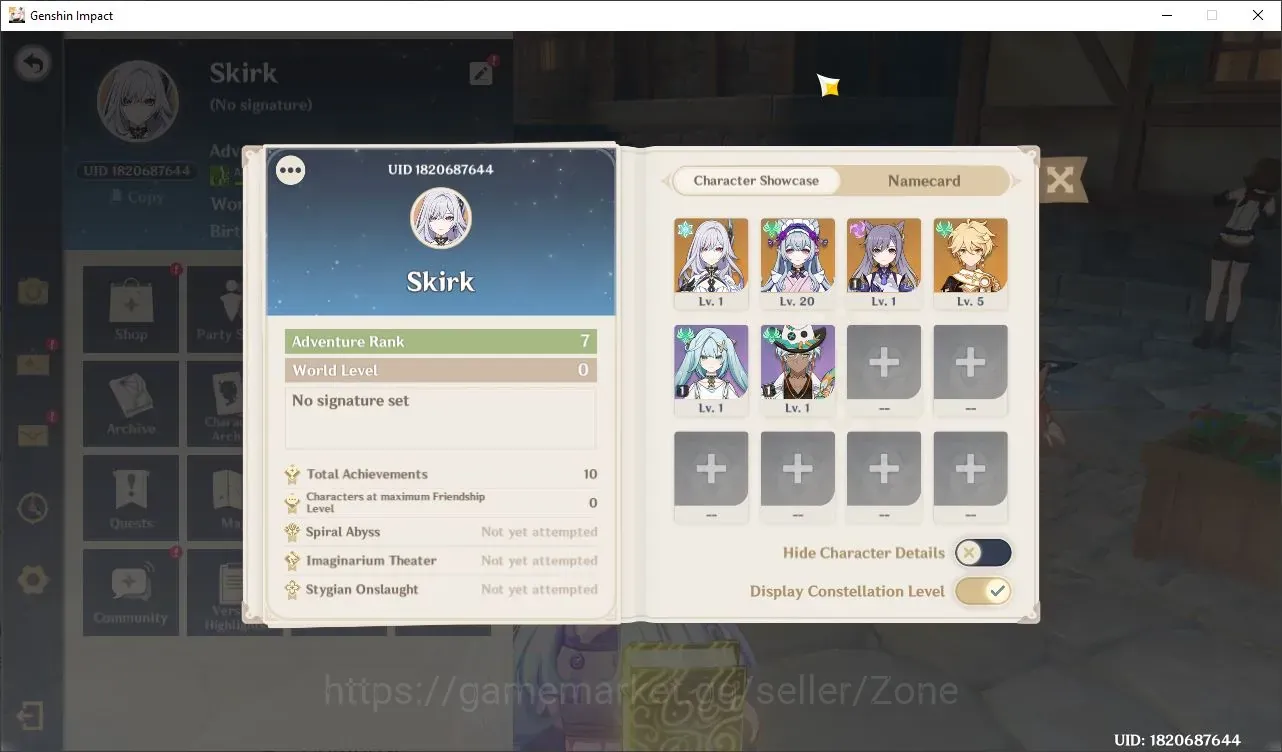 Genshin Impact Accounts Starter ASIA|Starter AR 7|1Limit Char+2 standard|Skirk,Keqing,Mizuki|Male MC|TakeMail(GI1930Z) 1