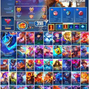 Mobile Legends: Bang Bang Accounts 🔥 #4169 🔥 💎 318 Skins 👑 Legend Gusion Cosmic Gleam ⚔️ Exalted Collector V ⭐ Jujutsu