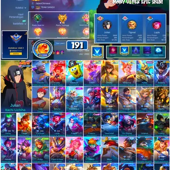 Mobile Legends: Bang Bang Accounts #4519 191 Skins | Julian Itachi Uchiha (NARUTO) | Vale Gaara (NARUTO) | Badang Pegasus