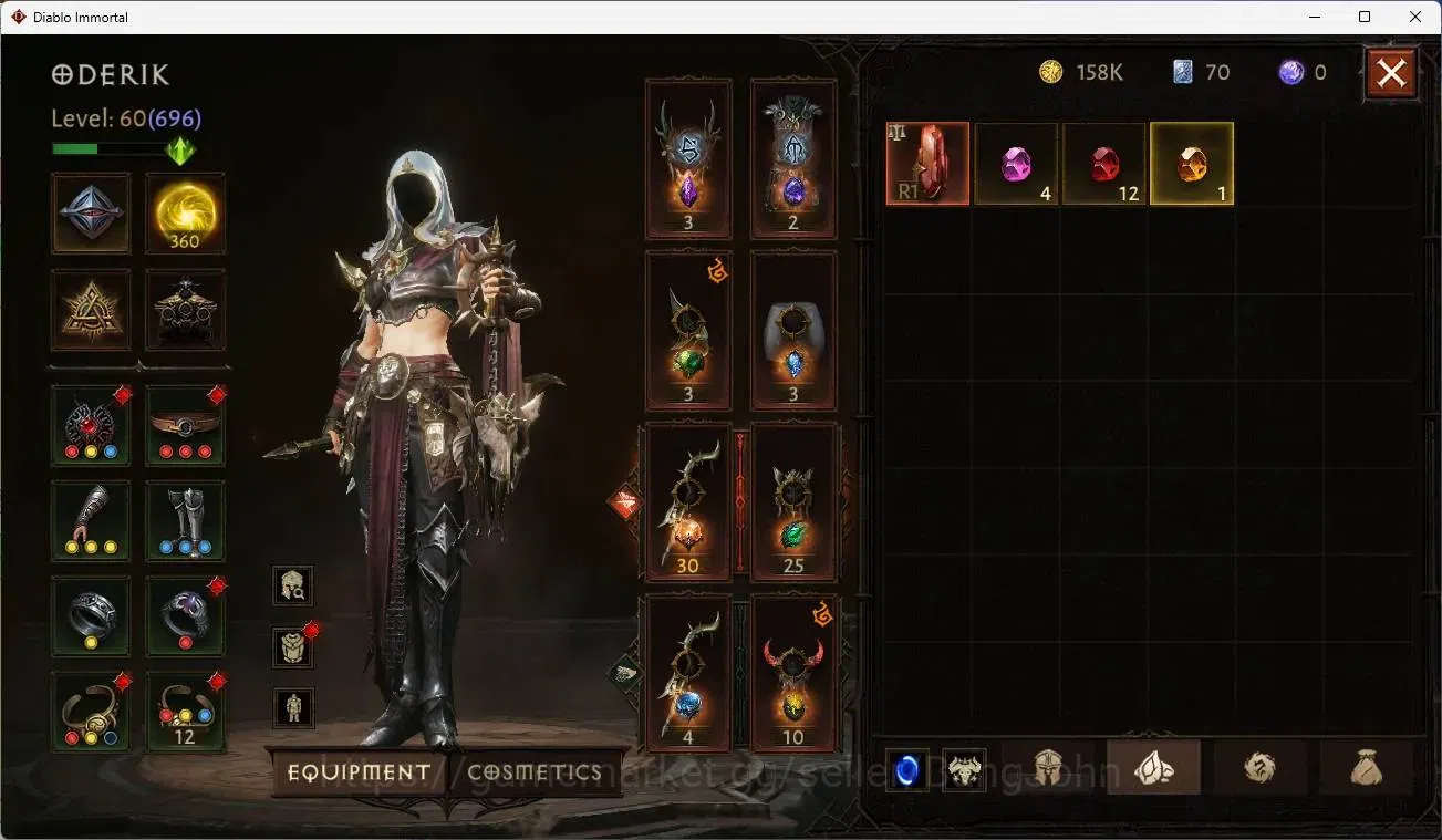 Diablo Immortal Accounts Mid-Tier SEA - Izual | 60 (696) Warlock-Slinger | CR 34k | Reso 360 | Inferno 1  | L30 (3 12
