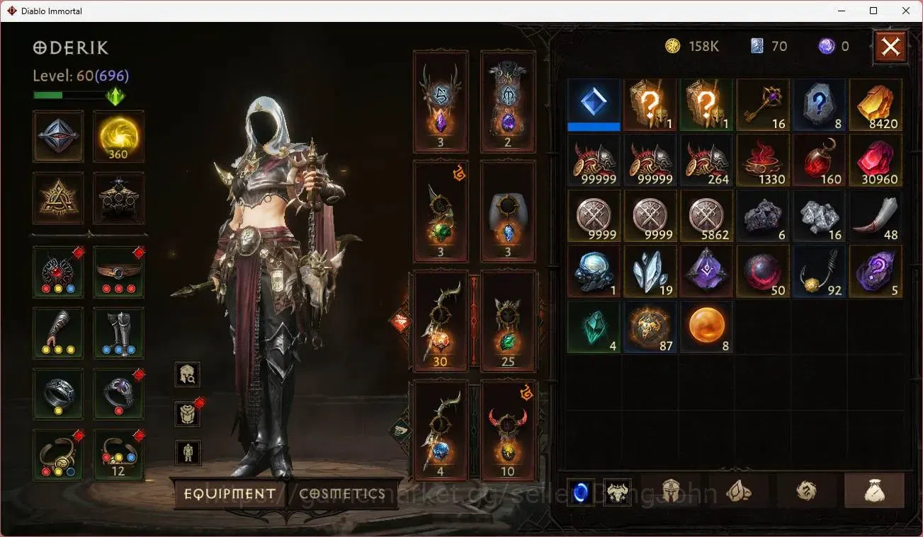 Diablo Immortal Accounts Mid-Tier SEA - Izual | 60 (696) Warlock-Slinger | CR 34k | Reso 360 | Inferno 1  | L30 (3 14