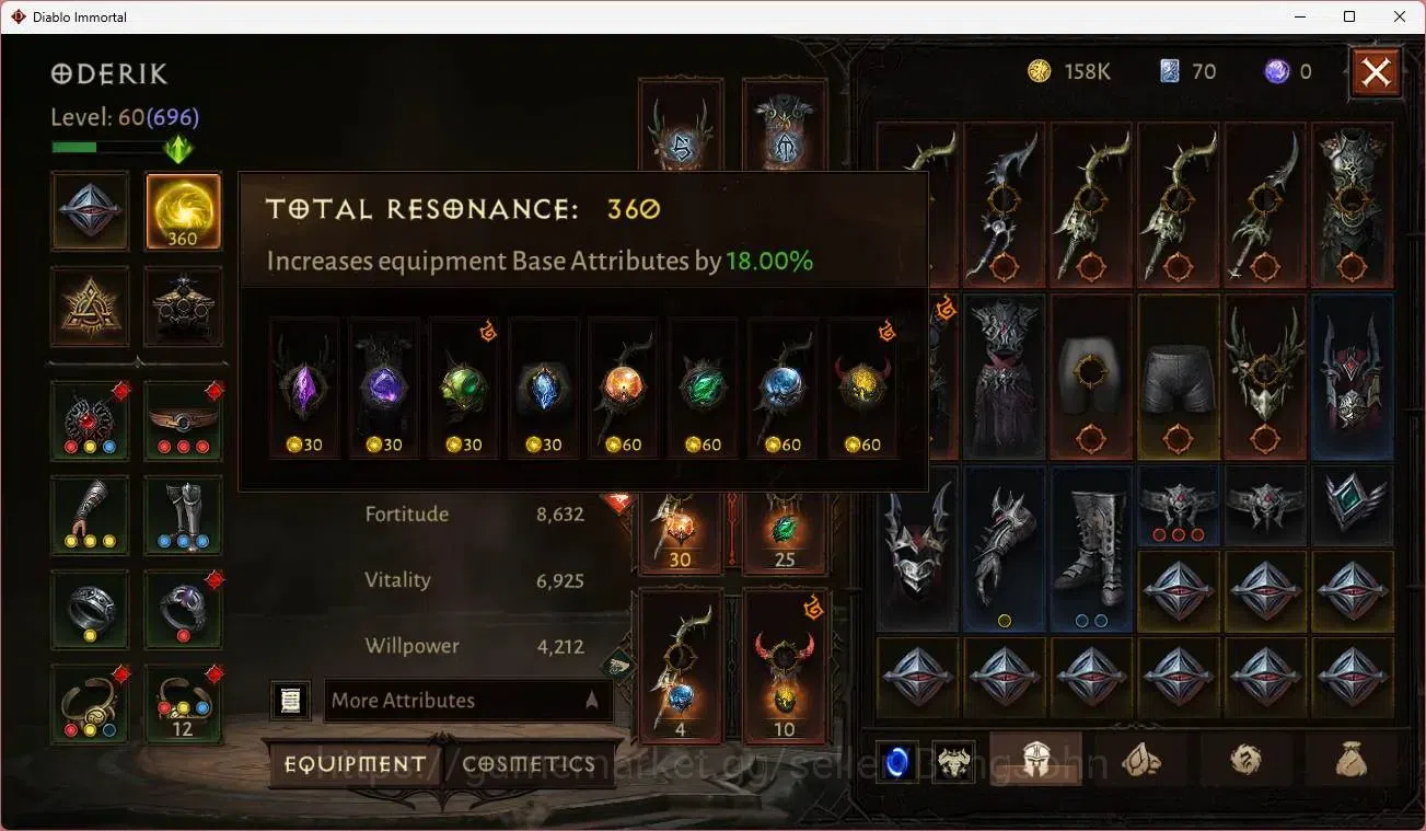 Diablo Immortal Accounts Mid-Tier SEA - Izual | 60 (696) Warlock-Slinger | CR 34k | Reso 360 | Inferno 1  | L30 (3 9