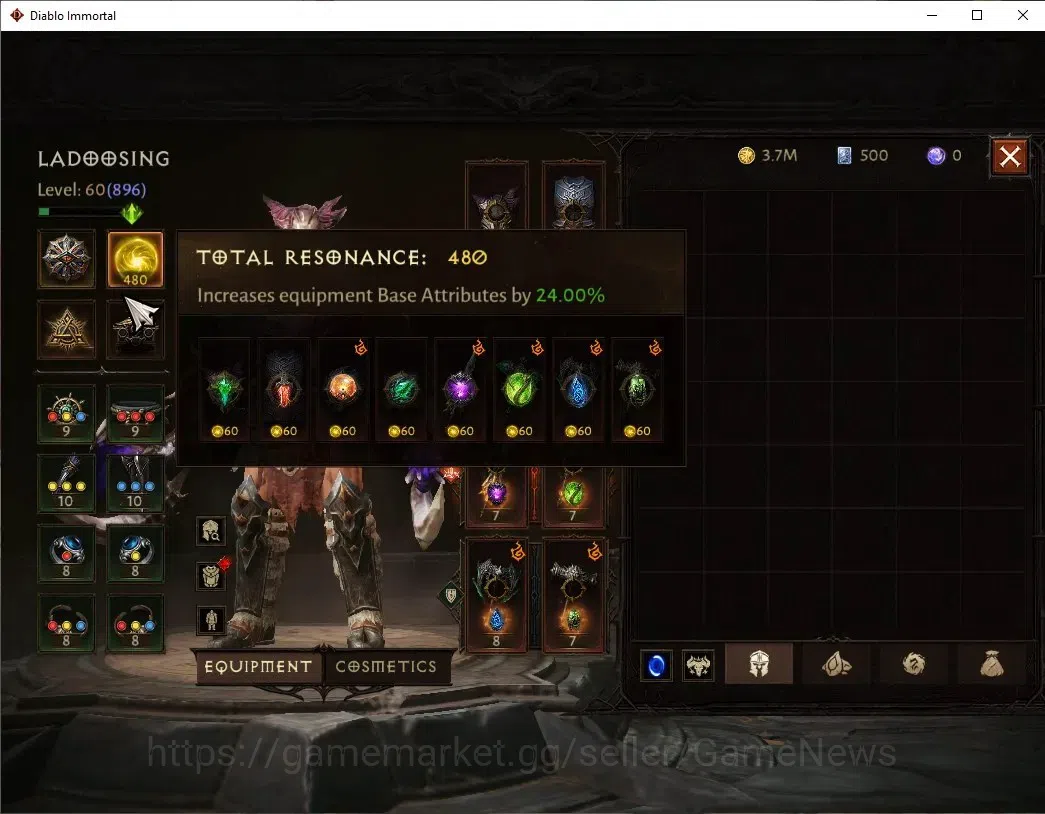 Diablo Immortal Accounts High-End Eu - Secheron |CS ON|Lv60(896)|Barbarian|44K CR|Reso 480|Paragon Maledictor|Inferno IV|2 4