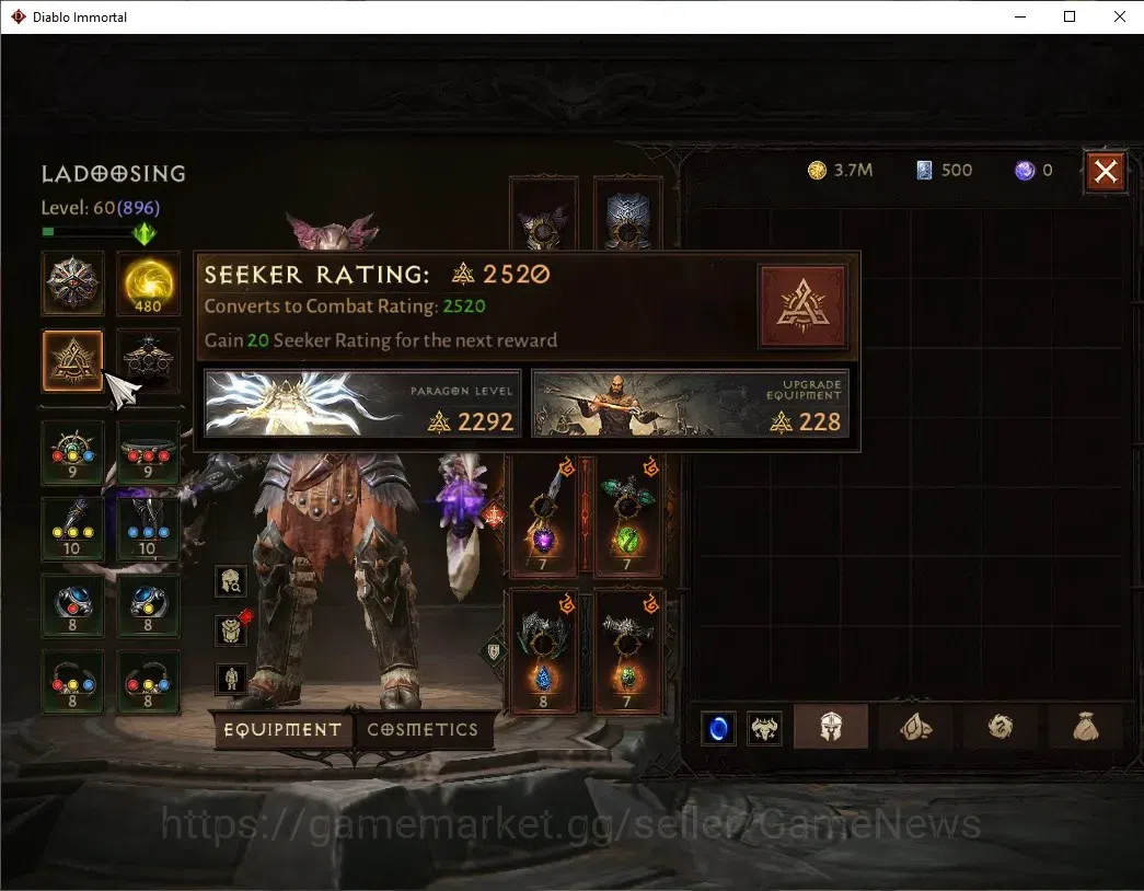 Diablo Immortal Accounts High-End Eu - Secheron |CS ON|Lv60(896)|Barbarian|44K CR|Reso 480|Paragon Maledictor|Inferno IV|2 5