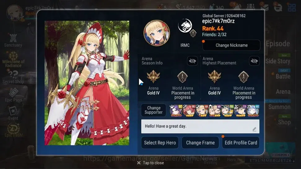 Epic Seven Accounts High-End GLOBAL UnVerif|NewEra|6ML(Rhiana&Luciel,LC Bellona,ZIO,NMLuna,Etc)+AB 2
