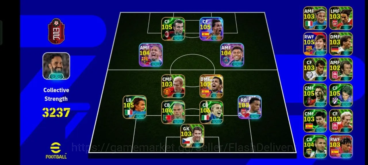 eFootball Accounts Mid-Tier M-3237 Strength | 103 Rummenigge | 108 Big Time Rodri | 105 A. Shevchenko | 105 P. Maldini | 105 1