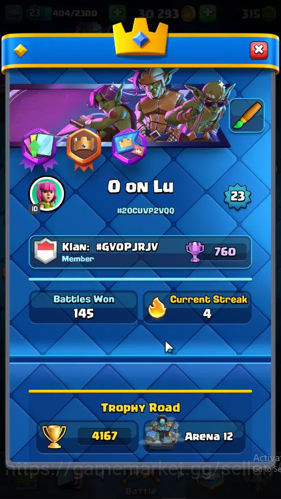 Clash Royale Accounts Midgame Lv 23|Trophy 4167|KTL 9|Limit Skin|Card 76| 1 EVO 3 Legendary 20 Epic 26 Rare 27 Common|Take 2