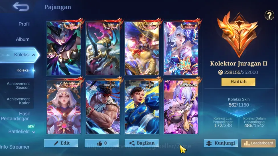 Mobile Legends: Bang Bang Accounts Collector H133|Skin 562||5Legend Miya+Alpha+Lesly+Lunox+Laila|ASP Vexana|2KOF 1