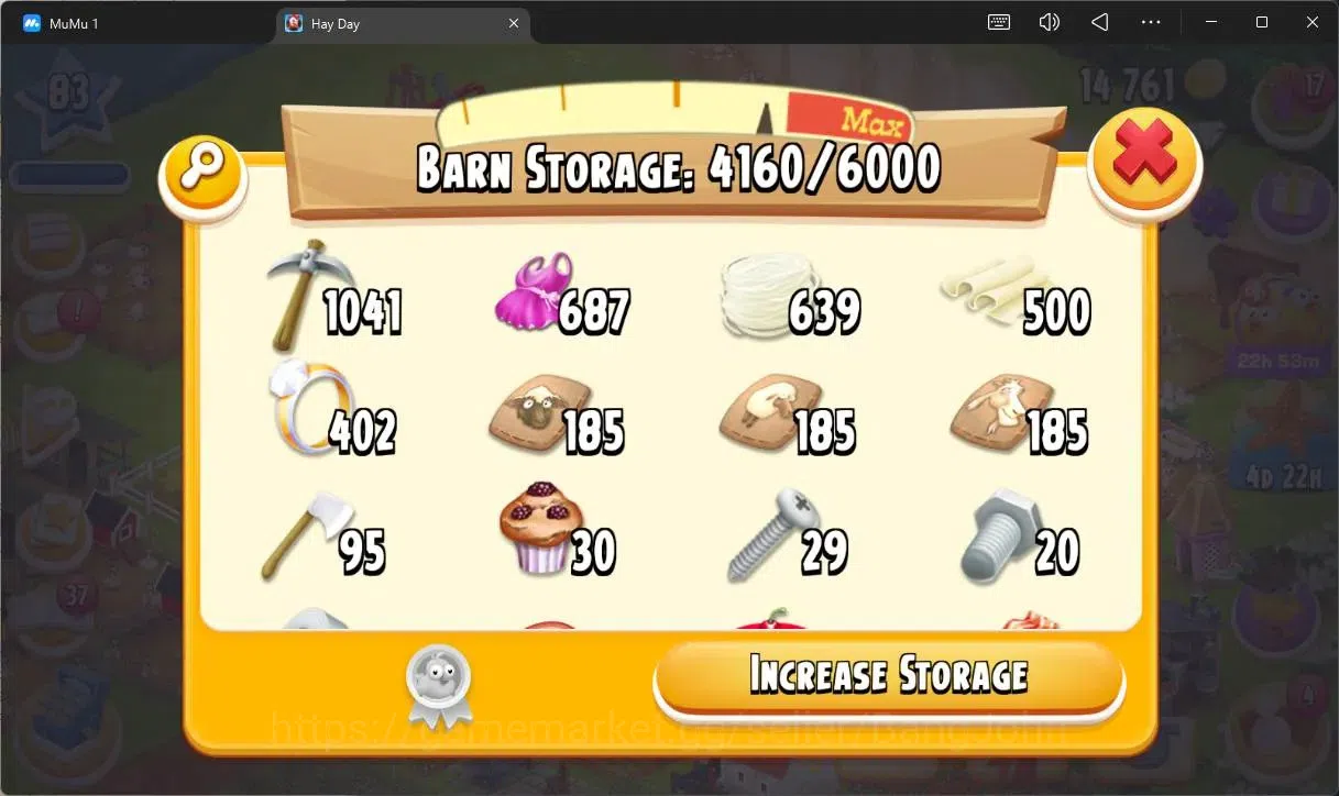 Hay Day Accounts Lvl 83|Silo Storage 1572/2100|Barn Storage 4160/6000|14K Coins|14 Diamonds|PROTECT OFF|Log Supercel |RA094B 3