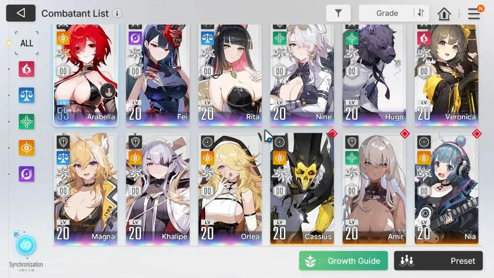 Chaos Zero Nightmare Accounts ASIA|Lv55|9 SSR(ArabellaM3+Sign,Fei,Rita,Nine,Hugo,Veronica,Magna,Khalipe,Orlea) 1 Combatant 1
