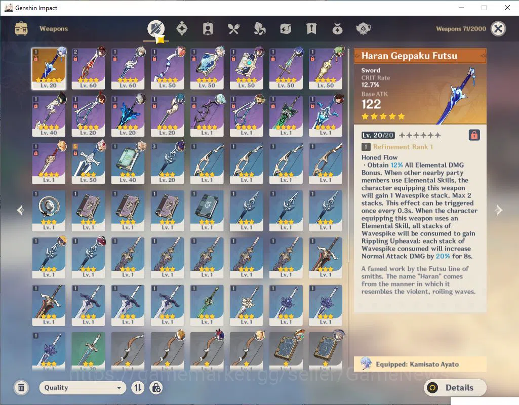 Genshin Impact Accounts Mid Game ASIA|AR 35|4 Limited +1(5*Weapon)|Ayato+Sign,HuTao,Neuvillate,Flins|MC Male|Low Explore 4