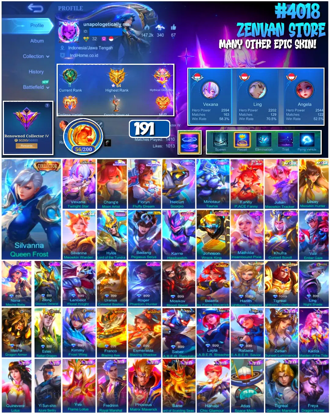 Mobile Legends: Bang Bang Accounts ๐ฅ #4018 ๐ฅ 191 Skins ๐ Collector Silvanna Queen Frost ๐ Renowned Collector IV โ๏ธ Full 1