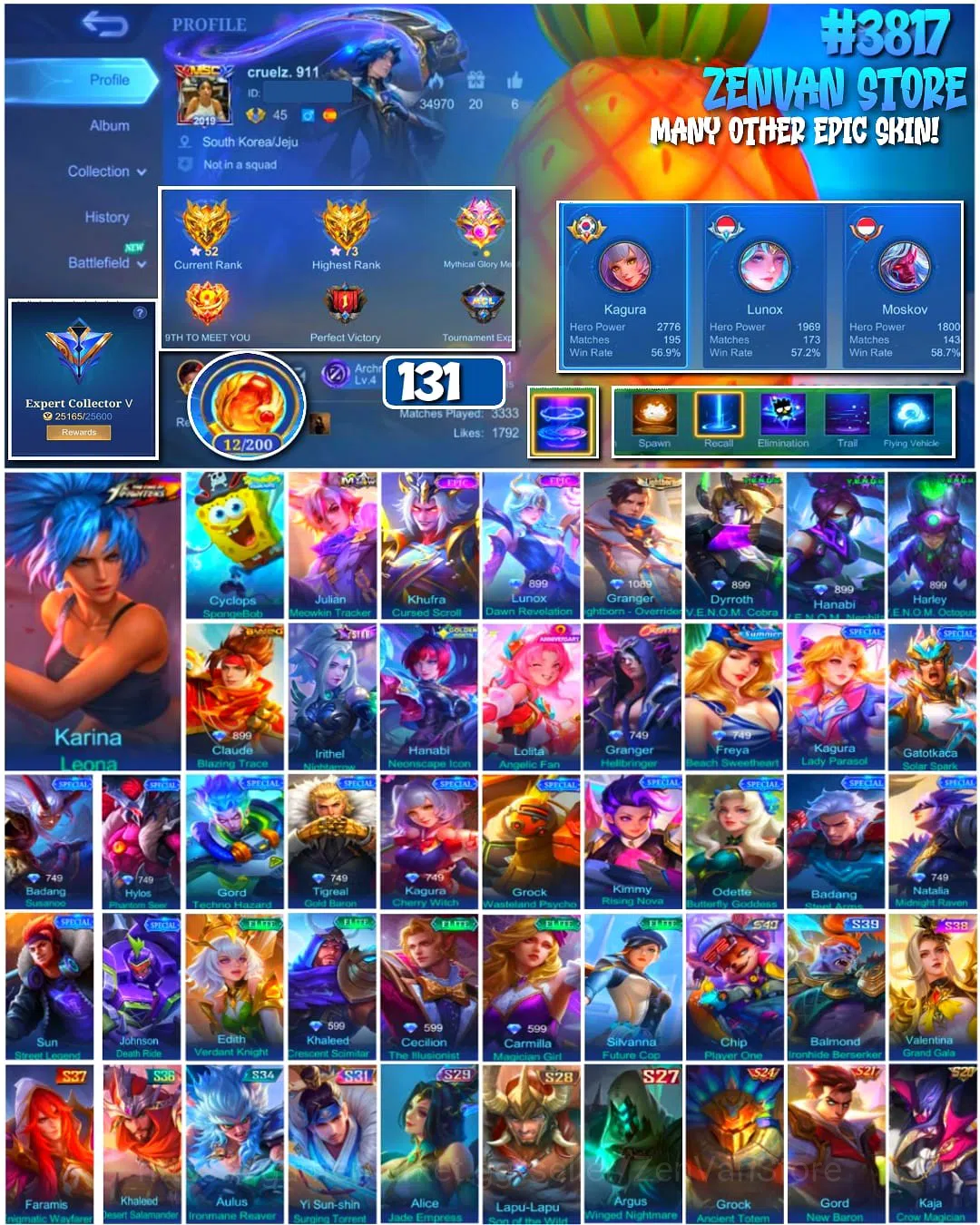 Mobile Legends: Bang Bang Accounts #3817 131 Skins | SpongeBob | KoF Karina | Many Ep image 1