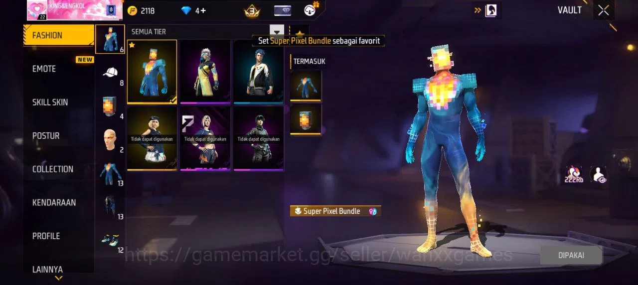 Free Fire Accounts Indonesia | SG GOLDEN GLARE VAULT 13 EMOTE 7 TAS 6 WEAPON 15 | W461 2