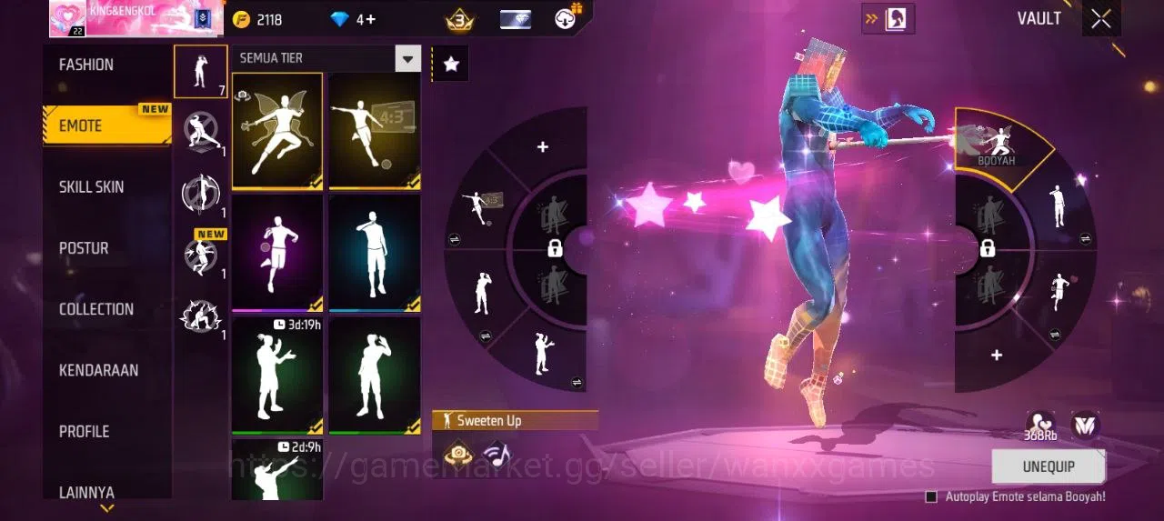 Free Fire Accounts Indonesia | SG GOLDEN GLARE VAULT 13 EMOTE 7 TAS 6 WEAPON 15 | W461 4