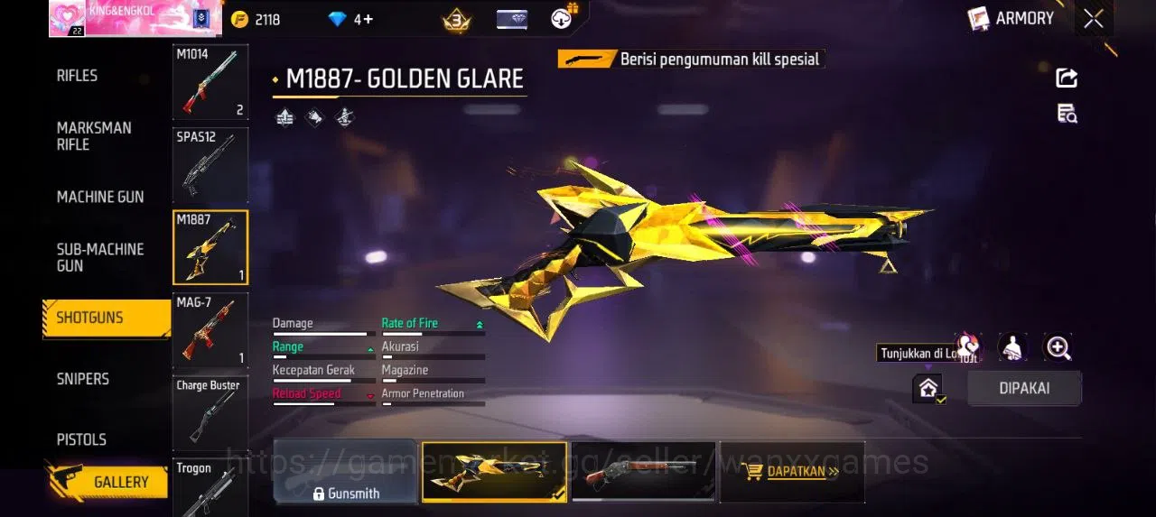 Free Fire Accounts Indonesia | SG GOLDEN GLARE VAULT 13 EMOTE 7 TAS 6 WEAPON 15 | W461 5