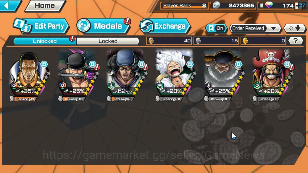 One Piece Bounty Rush Accounts Starter Global|6 EX|T5E ST.Jaygarcia,Gear5 Luffy,RO Roronoa Zoro,KING GOL D.Roger,AMS 4