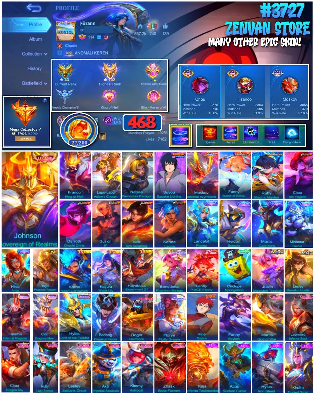 Mobile Legends: Bang Bang Accounts Collector #3726 342 Skins | Legend Johnson | 2 Collectors | Internal Moskov | Prime Yu 1