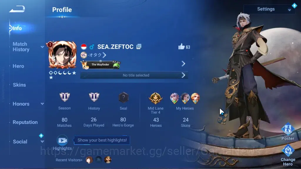 Honor of Kings Accounts Rare Skin Hero 43 Skin 24|Legend (Yao),GM (Gan & Mo),4 Epic Skin,2 Skin Event Exclusive,1 Honor 2