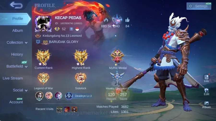 Mobile Legends: Bang Bang Accounts Collector Global|Skin 257|Renowned|Sanrio Floryn,PRIME Granger,Collector Natalia,LBox 1