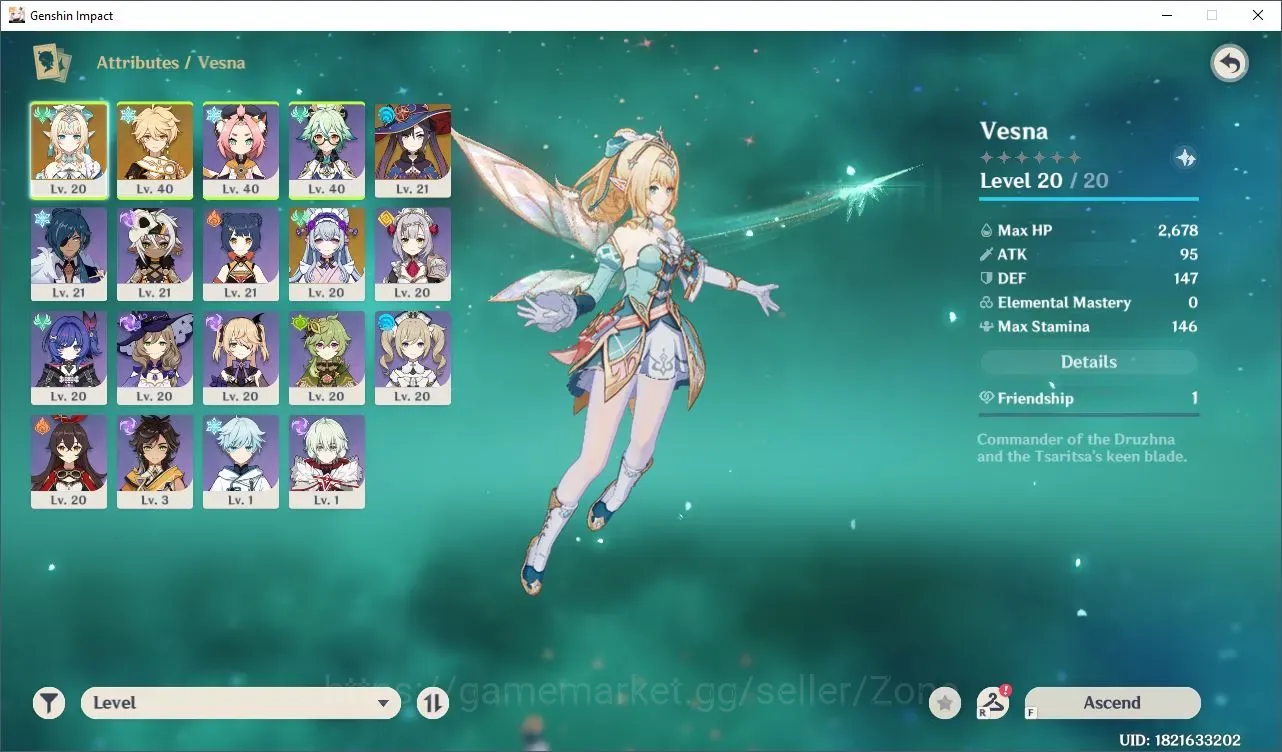 Genshin Impact Accounts Starter ASIA|Starter AR 23|1 Limited 5* Char(Vesna)|MC Aether|Low Explore+Low Missions|Check 1