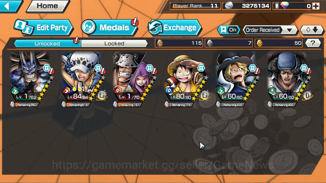 One Piece Bounty Rush Accounts Starter Global|5 EX|BMO Kaido,WI Trafalgar Law,MWD Luffy,FE Sabo,BP Kuzan|Rank 3