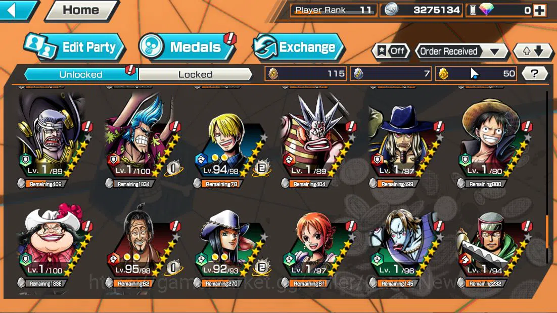 One Piece Bounty Rush Accounts Starter Global|5 EX|BMO Kaido,WI Trafalgar Law,MWD Luffy,FE Sabo,BP Kuzan|Rank 8