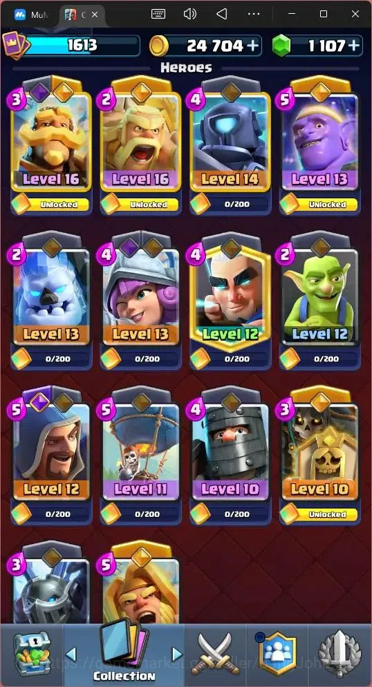 Clash Royale Accounts Midgame Global |CL 1613|KTL 16|Trophy 12618|122 Cards|9 MAX|8 Champ|5 Hero|14 Evo|Arena 30|1107 15