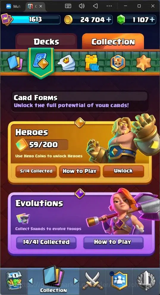 Clash Royale Accounts Midgame Global |CL 1613|KTL 16|Trophy 12618|122 Cards|9 MAX|8 Champ|5 Hero|14 Evo|Arena 30|1107 17