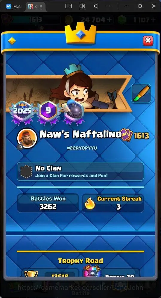 Clash Royale Accounts Midgame Global |CL 1613|KTL 16|Trophy 12618|122 Cards|9 MAX|8 Champ|5 Hero|14 Evo|Arena 30|1107 3