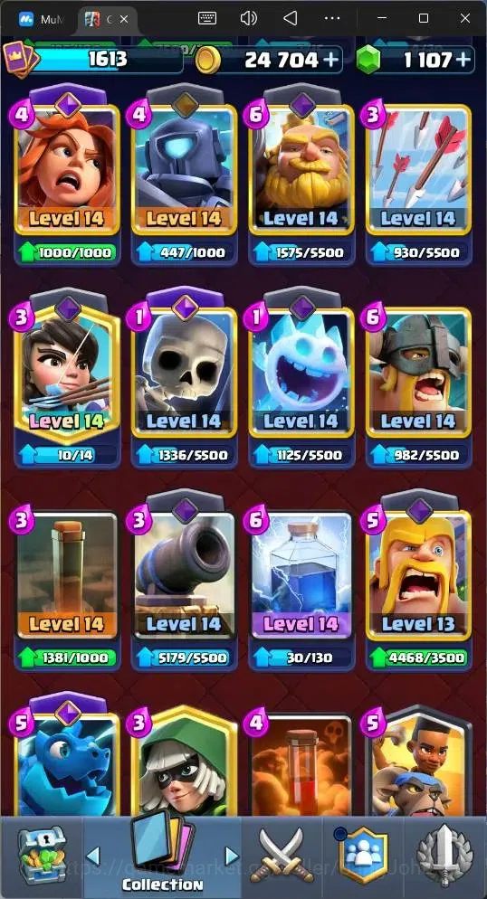 Clash Royale Accounts Midgame Global |CL 1613|KTL 16|Trophy 12618|122 Cards|9 MAX|8 Champ|5 Hero|14 Evo|Arena 30|1107 9