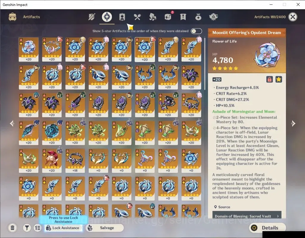 Genshin Impact Accounts ASIA |LunarBloom Team |AR 52 |2 Limited+2(*5Weapon image 6