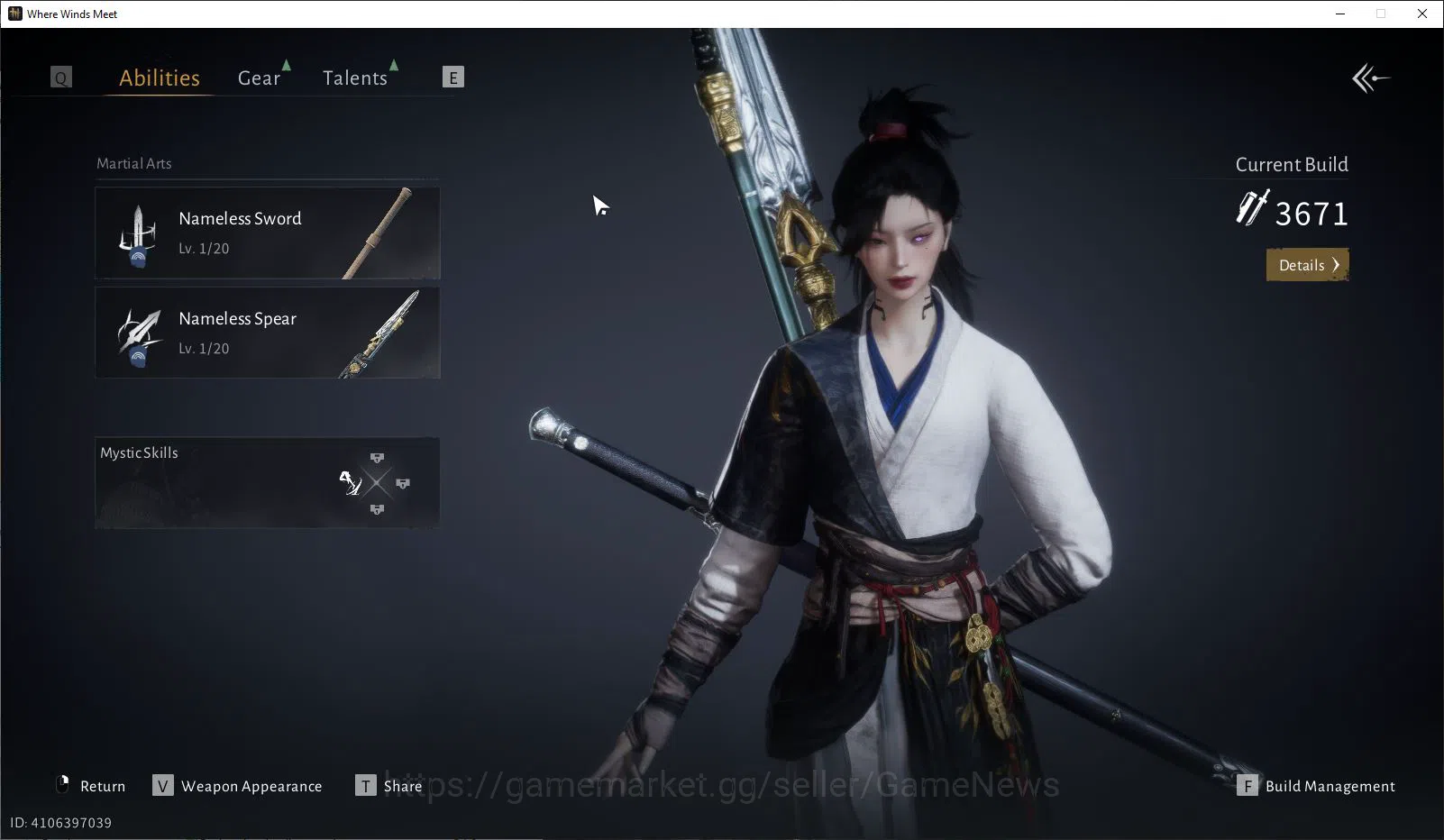 Where Winds Meet Accounts GLOBAL|Lv 5|Starter|GS 3671|1 Harmonic Core|Nameless Sword + Nameless Spear |Low Explore|Female 6