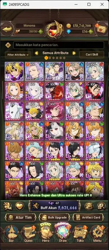 The Seven Deadly Sins: Grand Cross Accounts Others ASIA |5,6M CC|136 DM|5 LR|10 UR|LR Mesis 3/6|UR Menot 2/6,KOTP Tristan 4