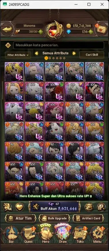 The Seven Deadly Sins: Grand Cross Accounts Others ASIA |5,6M CC|136 DM|5 LR|10 UR|LR Mesis 3/6|UR Menot 2/6,KOTP Tristan 5