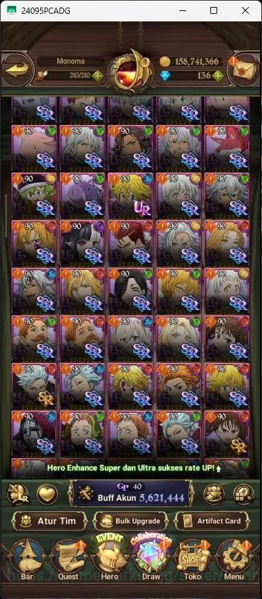 The Seven Deadly Sins: Grand Cross Accounts Others ASIA |5,6M CC|136 DM|5 LR|10 UR|LR Mesis 3/6|UR Menot 2/6,KOTP Tristan 6