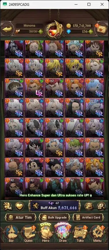 The Seven Deadly Sins: Grand Cross Accounts Others ASIA |5,6M CC|136 DM|5 LR|10 UR|LR Mesis 3/6|UR Menot 2/6,KOTP Tristan 7